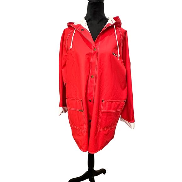 VTG 80s Jordache Red Vinyl Rain Jacket Unisex Size Large Retro Windbreaker - Picture 1 of 12